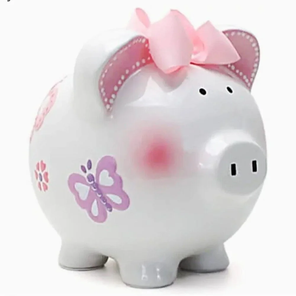 White Piggy Bank w/ Pink Bow, Butterfly & Flower Design, Animal Theme